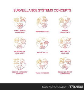 Surveillance systems red concept icons set. Crime protection. Environment safety. Security cameras for human behavior control abstract idea thin line illustration. Vector isolated outline drawings. Surveillance systems red concept icons set