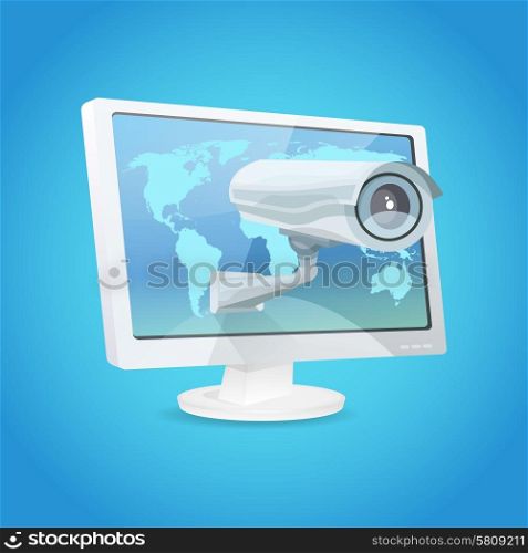 Surveillance video camera and monitor global security concept vector illustration. Surveillance Camera And Monitor