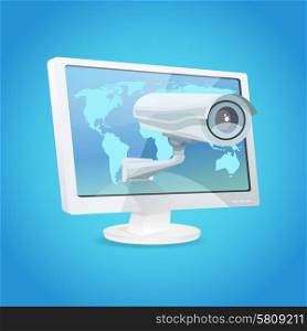 Surveillance video camera and monitor global security concept vector illustration. Surveillance Camera And Monitor