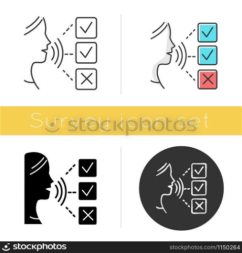 Survey audio response icon. Social research. Testimonial. Oral survey. Customer satisfaction. Feedback. Evaluation. Glyph design, linear, chalk and color styles. Isolated vector illustrations