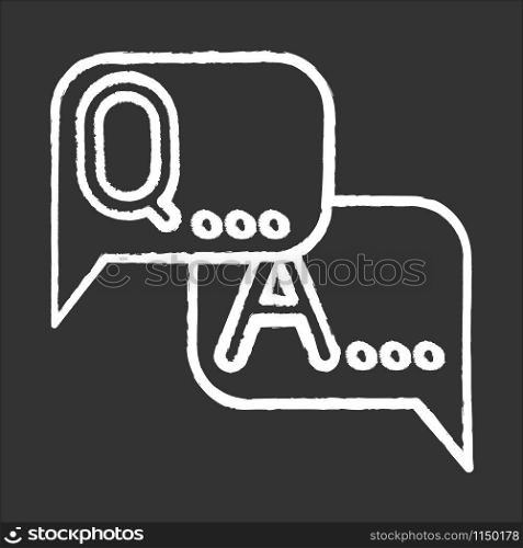 Survey chalk icon. Questions, answers. FAQ sign. Speech bubbles. Dialogue through message. Online chat. Conversation, discussion. Ask for info, data collection. Isolated vector chalkboard illustration