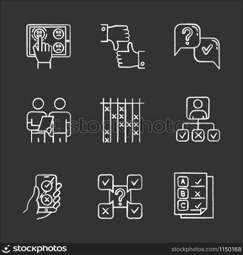Survey chalk icons set. Choose satisfaction level. Online feedback. Like and dislike. Question and answer. Interview. Oral survey. Personal profile. Test. Isolated vector chalkboard illustrations