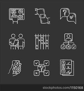Survey chalk icons set. Choose satisfaction level. Online feedback. Like and dislike. Question and answer. Interview. Oral survey. Personal profile. Test. Isolated vector chalkboard illustrations