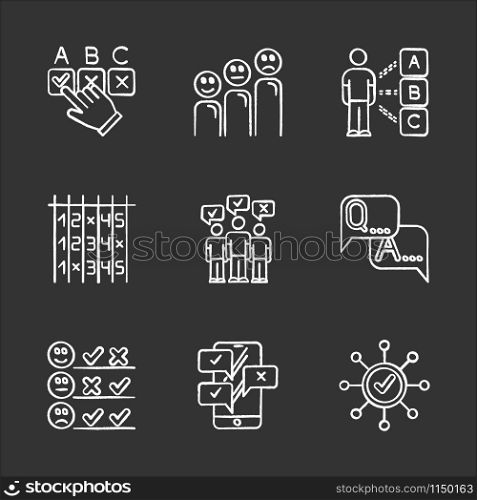Survey chalk icons set. Choosing checkbox. Correct and wrong answer. Satisfaction level. Feedback. Select option. Mass survey. Online poll. FAQ sign. Isolated vector chalkboard illustrations