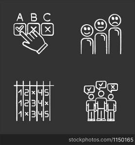 Survey chalk icons set. Choosing correct option. Customer satisfaction level. Positive and negative emoticons. Select number. Checklist. Mass poll. Vote. Isolated vector chalkboard illustrations