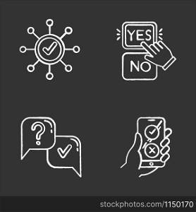 Survey chalk icons set. Correct answer, approve option. Spread structure. Yes and no button click. Question and answer. FAQ sign. Online feedback. Isolated vector chalkboard illustrations
