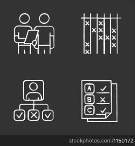 Survey chalk icons set. Interview, questioning. Checklist mark. Info analysis. Personal profile. Questionnaire, written test. Check list, select option. Isolated vector chalkboard illustrations