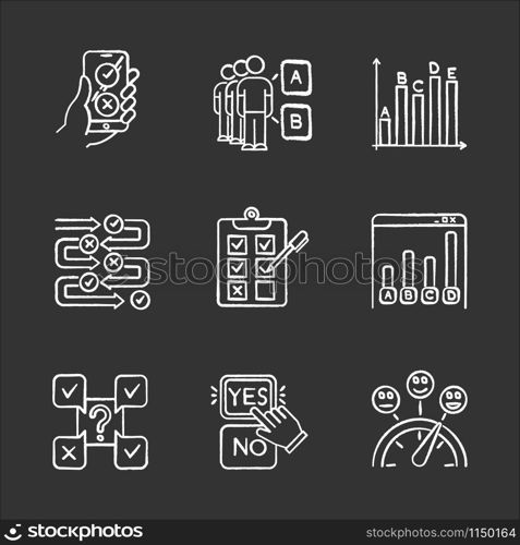 Survey chalk icons set. Online poll. Choose option. Select correct and wrong answer. Social opinion. Mass poll. Written test. Statistics infograph. Isolated vector chalkboard illustrations