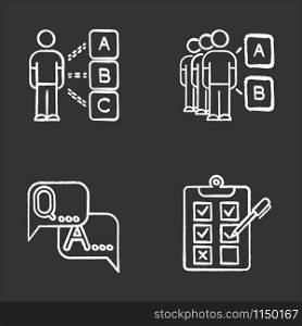 Survey chalk icons set. Personal questioning. Social opinion. Group test. FAQ sign. Question and answer. Written checklist. Share opinion. Tick checkbox. Isolated vector chalkboard illustrations