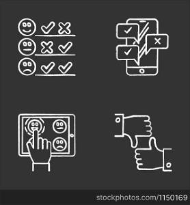 Survey chalk icons set. Pick satisfaction level. Positive, negative feedback. Sad, happy emoticons. Checklist with marks. Online chat. Like, dislike sign. Isolated vector chalkboard illustrations