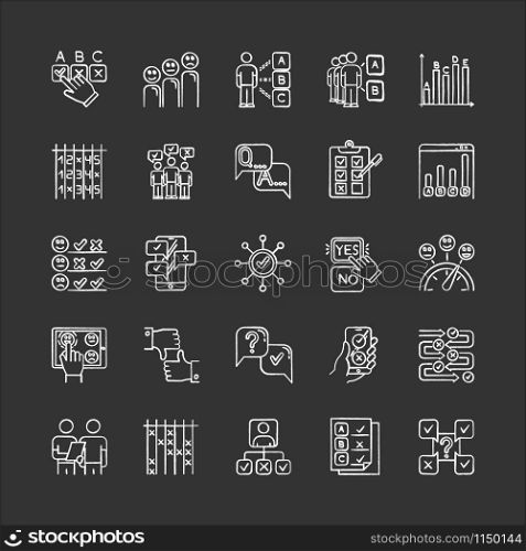 Survey chalk icons set. Question and answer. Social poll. Group survey. Interview. Positive, negative feedback. Choose multiple options. Statistics analysis. Isolated vector chalkboard illustrations