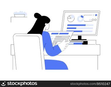 Survey data visualization abstract concept vector illustration. Opinion poll worker using laptop to visualize survey data information, social science, infographic on screen abstract metaphor.. Survey data visualization abstract concept vector illustration.