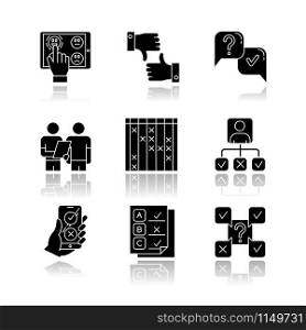 Survey drop shadow black glyph icons set. Choose satisfaction level. Online feedback. Like and dislike. Question and answer. Interview. Personal profile. Test checklist. Isolated vector illustrations