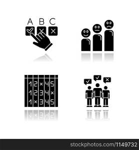 Survey drop shadow black glyph icons set. Choosing option. Satisfaction level. Positive and negative emoticons. Select number. Checklist. Mass poll. Public opinion. Vote. Isolated vector illustrations