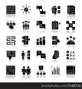 Survey drop shadow black glyph icons set. Question and answer. Social poll. Group survey. Interview. Positive and negative feedback. Statistics analysis. Yes, no. Isolated vector illustrations