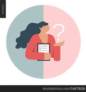 Survey icon in a circle. Flat vector cartoon illustration of a woman holding the question sign and a clipboard with the checklist on it.. Survey icon in a circle