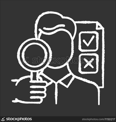 Survey interviewer chalk icon. Face-to-face interview. Human-assisted poll. Social research. Opinion polling. Expert survey. Feedback. Evaluation. Sociology. Isolated vector chalkboard illustration