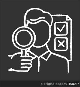 Survey interviewer chalk icon. Face-to-face interview. Human-assisted poll. Social research. Opinion polling. Expert survey. Feedback. Evaluation. Sociology. Isolated vector chalkboard illustration