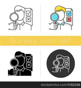 Survey interviewer icon. Face-to-face interview. Human-assisted poll. Public opinion polling. Expert survey. Feedback. Glyph design, linear, chalk and color styles. Isolated vector illustrations