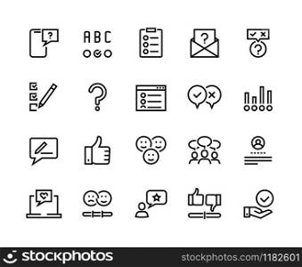 Survey line icons. Quiz and checklist stroke pictograms, customer questionnaire and feedback. Vector concept customer feedback option set for communication management marketing. Survey line icons. Quiz and checklist stroke pictograms, customer questionnaire and feedback. Vector feedback option set