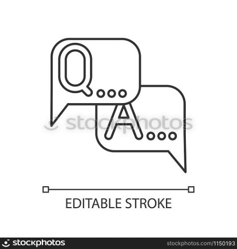 Survey linear icon. Questions and answers. FAQ sign. Speech bubbles. Message. Online chat. Ask for info. Thin line illustration. Contour symbol. Vector isolated outline drawing. Editable stroke