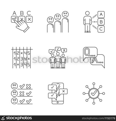 Survey linear icons set. Checkbox. Question, answer. Satisfaction level. Feedback. Mass survey. Online poll. FAQ sign. Thin line contour symbols. Isolated vector outline illustrations. Editable stroke