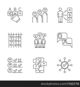 Survey linear icons set. Checkbox. Question, answer. Satisfaction level. Feedback. Mass survey. Online poll. FAQ sign. Thin line contour symbols. Isolated vector outline illustrations. Editable stroke