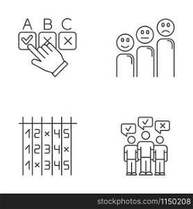 Survey linear icons set. Choosing option. Customer satisfaction level with emoticons. Select number. Mass poll. Thin line contour symbols. Isolated vector outline illustrations. Editable stroke
