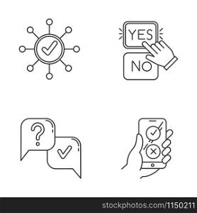 Survey linear icons set. Correct answer, approve option. Spread structure. Yes, no. FAQ sign. Online feedback. Thin line contour symbols. Isolated vector outline illustrations. Editable stroke