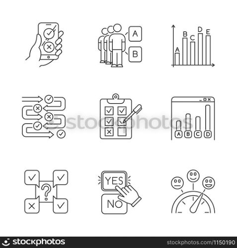 Survey linear icons set. Online poll. Select answer, option. Social opinion. Written test. Statistics infograph. Thin line contour symbols. Isolated vector outline illustrations. Editable stroke