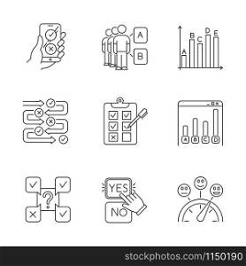 Survey linear icons set. Online poll. Select answer, option. Social opinion. Written test. Statistics infograph. Thin line contour symbols. Isolated vector outline illustrations. Editable stroke