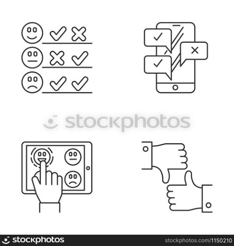 Survey linear icons set. Pick satisfaction level. Positive, negative feedback. Online chat. Like, dislike sign. Thin line contour symbols. Isolated vector outline illustrations. Editable stroke