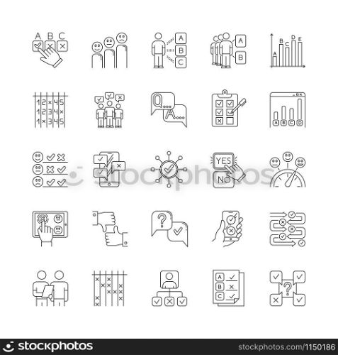 Survey linear icons set. Question and answer. Social poll. Group survey. Interview, feedback. Statistics analysis. Thin line contour symbols. Isolated vector outline illustrations. Editable stroke