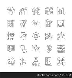 Survey linear icons set. Question and answer. Social poll. Group survey. Interview, feedback. Statistics analysis. Thin line contour symbols. Isolated vector outline illustrations. Editable stroke
