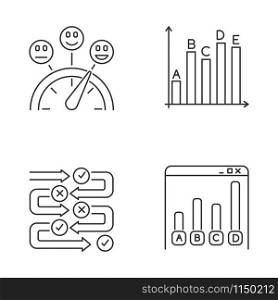 Survey linear icons set. Satisfaction level. Evaluation scale. Assessment meter. Statistics. Questioning process. Thin line contour symbols. Isolated vector outline illustrations. Editable stroke