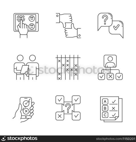Survey linear icons set. Satisfaction level. Online feedback. Like, dislike. Interview. Oral survey. Personal profile. Thin line contour symbols. Isolated vector outline illustrations. Editable stroke