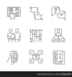 Survey linear icons set. Satisfaction level. Online feedback. Like, dislike. Interview. Oral survey. Personal profile. Thin line contour symbols. Isolated vector outline illustrations. Editable stroke