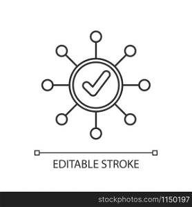 Survey mark linear icon. Correct answer. Approve mark, agree tick. Chart spread. Molecular structure system. Thin line illustration. Contour symbol. Vector isolated outline drawing. Editable stroke