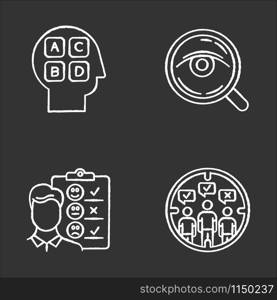 Survey methods chalk icons set. Analysis. Interview. Emotional opinion. Target population. Public opinion. Personality test. Customer review. Feedback. Isolated vector chalkboard illustrations