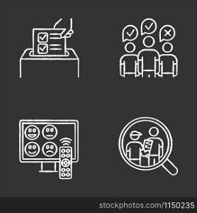 Survey methods chalk icons set. Anonymous poll, TV channel rating. Focus group. Interview. Public opinion. Customer review. Feedback. Data collection. Isolated vector chalkboard illustrations