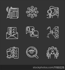 Survey methods chalk icons set. Chemical analysis. Email, internet connection poll. Public opinion. Customer satisfaction. Feedback. Data collection. Sociology. Isolated vector chalkboard illustration