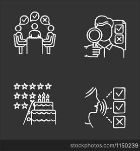 Survey methods chalk icons set. Group administered questionnaire. High rating. Public opinion. Customer audio review. Event evaluation, expert survey. Isolated vector chalkboard illustrations