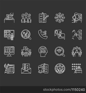 Survey methods chalk icons set. Interview. Online, telephone poll. Rating. Public opinion. Customer review. Feedback. Evaluation. Sociology. Data collection. Isolated vector chalkboard illustrations