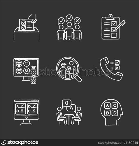 Survey methods chalk icons set. Telephone, online poll. Rating. Interview. Public opinion. Customer satisfaction, review. Feedback. Data collection. Sociology. Isolated vector chalkboard illustrations