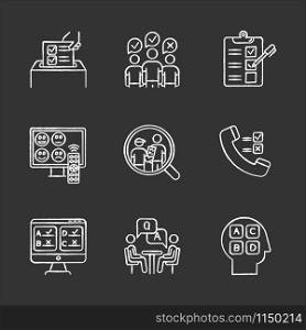 Survey methods chalk icons set. Telephone, online poll. Rating. Interview. Public opinion. Customer satisfaction, review. Feedback. Data collection. Sociology. Isolated vector chalkboard illustrations