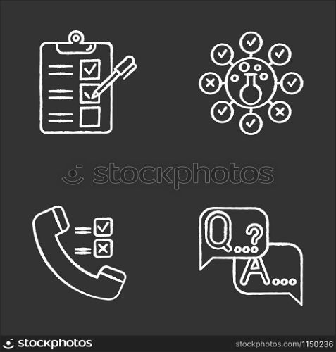 Survey methods chalk icons set. Telephone poll. Chemical analysis. Questionnaire. Interview. Public opinion. Customer review. Feedback. Data collection. Isolated vector chalkboard illustrations