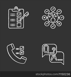 Survey methods chalk icons set. Telephone poll. Chemical analysis. Questionnaire. Interview. Public opinion. Customer review. Feedback. Data collection. Isolated vector chalkboard illustrations