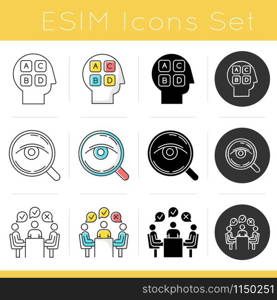 Survey methods icons set. Analysis. Interview. Group administered questionnaire. Personality test. Feedback. Sociology. Glyph design, linear, chalk and color styles. Isolated vector illustrations