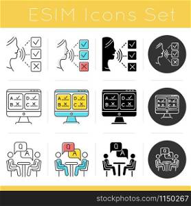 Survey methods icons set. Customer audio review. Interview. Online poll. Feedback. Evaluation. Data collection. Sociology. Glyph design, linear, chalk and color styles. Isolated vector illustrations