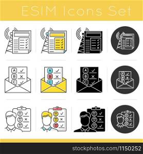 Survey methods icons set. Email, internet connection poll. Interview. Emotional opinion. Customer review. Feedback. Glyph design, linear, chalk and color styles. Isolated vector illustrations